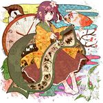  bad_id bad_pixiv_id bird calligraphy_brush chinese_zodiac eurasian_tree_sparrow fan fish flower hair_flower hair_ornament hieda_no_akyuu highres itomugi-kun japanese_clothes kimono koi open_mouth paintbrush pencil purple_eyes purple_hair scroll short_hair sitting solo sparrow touhou 