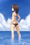  ass bare_shoulders bikini black_bikini black_hair blue_sky brown_eyes butt_crack cloud day from_behind halterneck hands_on_hips highres long_hair looking_back ocean original purea short_hair sky solo string_bikini swimsuit wading 