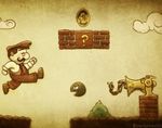  1boy ? block brick bush cannon cloud coin facial_hair glasses gloves hat lowres male male_focus mario mario_(series) mustache solo steampunk super_mario_bros. 