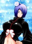  1girl bad_id blue_hair breasts cloak hair_ornament konan labret_piercing large_breasts midriff naruto naruto_shippuuden piercing pixiv_thumbnail purple_hair resized saogokushi short_hair solo yellow_eyes 