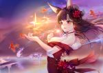  1girl absurdres akagi_(azur_lane) alternate_costume animal_ears azur_lane bare_shoulders breasts brown_hair cleavage dress eyeliner fang formal fox_ears fur_trim hair_ornament highres irisrey kitsune long_hair makeup medium_breasts open_mouth red_dress red_eyes smile solo 