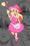  alice_margatroid alternate_color blonde_hair boots bow braid dress gioha hair_bow hakurei_reimu hat heart jitome kirisame_marisa magical_girl multiple_girls open_mouth pink_dress pink_footwear pink_hat star touhou wand witch_hat 