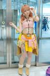  1girl beads belt boots bracelet cosplay door female final_fantasy final_fantasy_xiii jewelry midriff necklace oerba_dia_vanille oerba_dia_vanille_(cosplay) pink_shirt shirt skirt solo standing tile tiles twintails window 