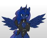  anthro anthrofied blue_eyes blue_hair blush breasts cleavage clothed clothing collar crown cutie_mark equine female friendship_is_magic hair horn horse latex long_hair looking_at_viewer mammal moon my_little_pony pony princess_luna_(mlp) rubber smile solo tiara unicorn winged_unicorn wings zev 