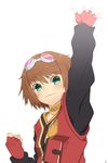  arm_up bad_id bad_pixiv_id brown_hair choker fingerless_gloves gloves goggles goggles_on_head green_eyes highres rita_mordio shirt short_hair smile solo tales_of_(series) tales_of_vesperia white_background yoshiwa_tomo 