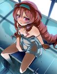  bare_shoulders barefoot blush brown_hair downblouse dress from_above hairband highres long_hair long_legs masturbation no_panties open_mouth original pink_eyes pussy_juice ringlets see-through sitting soaking_feet solo strap_slip umakatsuhai very_long_hair water wet wet_clothes 