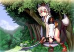  animal_ears bare_legs branch detached_sleeves forest geta grey_hair hat hinami_(hinatamizu) holding in_tree inubashiri_momiji japanese_clothes kourindou_tengu_costume lying nature on_stomach red_eyes shield shoes short_hair solo sword tail tokin_hat touhou tree tree_branch weapon white_hair wolf_ears wolf_tail 