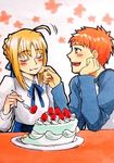  1boy 1girl ahoge blonde_hair blush cake couple eating eyes_closed fate/stay_night fate_(series) food fruit hair_ribbon lowres red_hair ribbon strawberry whipped_cream 