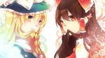  bad_id bad_pixiv_id blonde_hair bow braid brown_eyes brown_hair hair_bow hair_in_mouth hair_tubes hakurei_reimu hat kirisame_marisa long_hair mouth_hold multiple_girls single_braid symmetry toa_(sarara23) touhou witch_hat yellow_eyes 