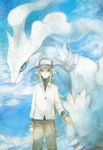  day gen_5_pokemon green_eyes green_hair hat long_hair male_focus mikanniro n_(pokemon) pokemon pokemon_(creature) pokemon_(game) pokemon_bw reshiram sky smile 