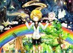  :d akuryo.x artist_name bad_id bad_pixiv_id blonde_hair closed_eyes cloud crescent_moon fence highres moon necktie open_mouth origami original paper_crane rainbow short_hair shorts sky smile solo star_(sky) starry_sky sun traditional_media tree watercolor_(medium) windmill 