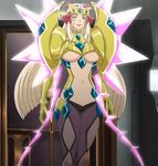  armor belly belly_button blonde_hair bodysuit breasts fine_(symphogear) highres long_hair navel sakurai_ryouko screencap screencat senki_zesshou_symphogear stitched thighhighs underboob yellow_eyes 