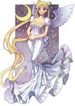  angel_wings arutera back_bow bad_id bad_pixiv_id banned_artist bishoujo_senshi_sailor_moon blonde_hair bow crescent_moon double_bun dress facial_mark forehead_mark full_body gown grey_eyes hands_together highres long_hair moon own_hands_together princess princess_serenity puffy_sleeves purple_background smile solo star starry_background thighs tsukino_usagi twintails very_long_hair white_dress wings 