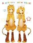  1girl :q animal_costume animal_print bad_id bad_pixiv_id blonde_hair brother_and_sister food fruit hair_ornament hairclip happy_new_year hood hoodie kagamine_len kagamine_rin mikanniro new_year one_eye_closed orange paws siblings standing star tail tiger_costume tiger_paws tiger_print tiger_tail tongue tongue_out twins vocaloid 