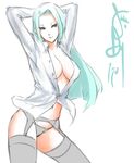  alternate_costume arms_up black_legwear black_panties breasts contemporary eu03 garter_belt green_hair large_breasts long_hair morrigan_aensland navel no_bra no_pants panties revealing_clothes shirt solo thighhighs unbuttoned underwear vampire_(game) 