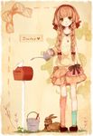  bird braid brown_hair bucket bunny english green_eyes hair_over_shoulder hairband holding long_hair mailbox_(incoming_mail) mikanniro original pigeon single_sock single_thighhigh skirt smile socks solo striped striped_legwear thighhighs twin_braids watering_can 