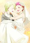  1girl aquarion_(series) aquarion_evol blonde_hair blush bridal_veil carrying closed_eyes couple dress formal gloves good_end gradient_hair happy hetero highres jewelry jin_musou kanno_miiyu multicolored_hair orange_hair princess_carry purple_hair ring short_hair smile suit veil wedding_dress yunoha_thrul 