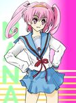  fang hairband nana_asta_deviluke pink_eyes pink_hair school_uniform suzumiya_haruhi suzumiya_haruhi_(cosplay) suzumiya_haruhi_no_yuuutsu to_love-ru 