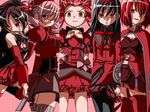  akemi_homura alternate_color beret black_hair column_lineup commentary_request drill_hair hair_ornament hairband hat hohetomaru kaname_madoka long_hair mahou_shoujo_madoka_magica miki_sayaka mouth_hold multiple_girls one_eye_closed pantyhose red red_eyes red_hair sakura_kyouko short_hair smile smirk thighhighs tomoe_mami twin_drills twintails 