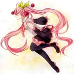  akatsuki_(4941086) bad_id bad_pixiv_id black_footwear boots cherry detached_sleeves food fruit hatsune_miku long_hair necktie petals pink_hair red_eyes sakura_miku skirt solo thigh_boots thighhighs twintails very_long_hair vocaloid 