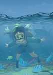  backpack bag blue_eyes blue_hair boots diving_mask diving_mask_on_eyes fish freediving goggles hair_bobbles hair_ornament hat kawashiro_nitori key kuro_oolong shark skirt smile solo swimming touhou two_side_up underwater 