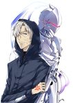  armor berserker_(fate/zero) command_spell fate/zero fate_(series) full_armor grey_eyes hair_over_one_eye highres hood hoodie knight male_focus matou_kariya multiple_boys vlan white_background white_hair 