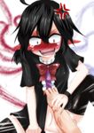  anger_vein black_hair black_legwear blush bow covering covering_crotch dress dress_lift dress_tug ear_blush embarrassed groin houjuu_nue no_pussy pointy_ears red_eyes short_hair solo takorice thighhighs touhou wings 