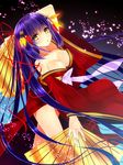  arm_behind_head bad_id bad_pixiv_id breasts cleavage fan folding_fan japanese_clothes kimono long_hair medium_breasts original purple_hair ribbon solo very_long_hair yadapot yellow_eyes 