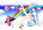  :p barefoot blue_eyes blue_hair bow cloud day full_body geta hair_bow heterochromia karakasa_obake leg_lift osashin_(osada) purple_umbrella rainbow red_eyes shoe_loss shoes shoes_removed short_hair single_shoe skirt smile solo tatara_kogasa tongue tongue_out touhou ufo umbrella 