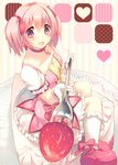  blush choker collarbone food fork fruit gloves hair_ribbon holding holding_fork jewelry kaname_madoka kinoko kneehighs magical_girl mahou_shoujo_madoka_magica open_mouth pendant pink_eyes pink_hair pink_skirt red_footwear ribbon shoes sitting skirt solo strawberry twintails white_gloves white_legwear 