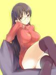  black_legwear breasts brown_eyes brown_hair couch crossed_legs deyuuku glasses impossible_clothes long_hair no_pants original ribbed_sweater sitting sleeves_past_wrists smile solo sweater thighhighs thighs turtleneck 