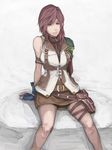  belt final_fantasy final_fantasy_xiii fingerless_gloves gloves highres legs lightning_farron long_hair miniskirt red_hair ripu_(vincecarter) serious sitting skirt solo 