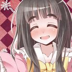  ^_^ black_hair blush bow checkered checkered_background closed_eyes eyebrows houraisan_kaguya megawatt open_mouth smile solo touhou upper_body 