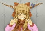  beanie bow breath brown_eyes brown_hair casual contemporary double_v grin hair_bow hat horns ibuki_suika kuro_oolong light_brown_hair long_hair one_eye_closed plaid plaid_scarf scarf smile solo touhou upper_body v winter_clothes 