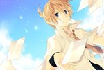  akitsuki_(akiduko) clouds kagamine_len paper sky tie vocaloid 