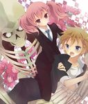  1girl :d bad_id bad_pixiv_id blonde_hair blue_eyes blush formal girl_on_top inu_x_boku_ss necktie oluha open_mouth pink_hair roromiya_karuta short_hair skeleton smile suit twintails watanuki_banri 