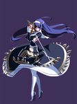  ahoge blue_eyes blue_hair dress ecole fighting_stance french-bread full_body high_heels huge_ahoge left-handed long_hair official_art orie_(under_night_in-birth) pantyhose purple_background rapier shoes simple_background solo spikes standing sword tiptoes under_night_in-birth weapon white_legwear yoshihara_seiichi 