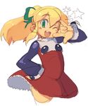  \m/ blonde_hair blush_stickers bow eyebrows green_eyes hair_bow hair_ribbon hand_on_hip highres long_hair metata one_eye_closed open_mouth ponytail red_skirt ribbon rockman rockman_(classic) roll seikan_hikou sidelocks simple_background sketch skirt skirt_lift solo star teeth thick_eyebrows white_background 