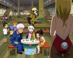  3boys 4girls ass bench black_legwear blonde_hair bunny_girl bunny_tail bunnysuit cana_alberona child elfman fairy_tail headphones laxus_dreyar levy_mcgarden lisanna lisanna_strauss lucy_heartfilia macao_conbolt multiple_boys multiple_girls pantyhose screencap sitting stitched table tail younger 