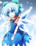  :o arm_up between_legs blue_background blue_dress blue_eyes blue_hair bow cirno do_(4-rt) dress dress_shirt gradient gradient_background hair_bow hand_between_legs highres light_particles looking_away mittens ribbon scarf shirt short_hair short_sleeves skirt solo touhou vest wings 