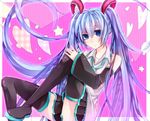 blue_eyes blue_hair detached_sleeves hatsune_miku long_hair necktie skirt solo thighhighs twintails very_long_hair vocaloid wakatsuki_you 