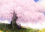 1girl bad_id bad_pixiv_id bangs blunt_bangs bow cherry_blossoms closed_eyes couple dating flower hair_bow hakama haori hetero japanese_clothes long_hair original outdoors scenery short_hair tottome tree under_tree 