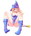  aqua_eyes bare_shoulders blonde_hair blue_footwear blush_stickers boots breasts choker cleavage collarbone dark_magician_girl duel_monster full_body hat highres large_breasts naturalton one_eye_closed open_mouth pentacle revealing_clothes simple_background solo staff teeth white_background wizard_hat yuu-gi-ou yuu-gi-ou_duel_monsters 