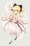  ahoge arnoul artoria_pendragon_(all) bad_id bad_pixiv_id bare_shoulders blonde_hair bow caliburn detached_sleeves dress fate/stay_night fate/unlimited_codes fate_(series) flower green_eyes hair_bow highres lily_(flower) pantyhose ponytail saber saber_lily solo white_legwear 