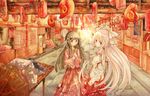  absurdres akuryo.x black_hair bow branch fujiwara_no_mokou hair_bow hands_in_pockets highres houraisan_kaguya jeweled_branch_of_hourai lantern long_hair looking_at_viewer multiple_girls paper_lantern plant potted_plant red_eyes road smile street touhou traditional_media umbrella vanishing_point watercolor_(medium) white_hair 