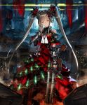  1girl ammunition_belt artist_request bare_shoulders bracer brown_hair canister cityscape cygames dress eyes_closed frilled_dress frills gun hair_ornament hand_on_own_cheek ilmisuna_arms_dealer jewelry long_hair official_art ribbon ring shadowverse shoulder_cutout smile twintails weapon 