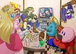  3boys alcohol beer blonde_hair crown doseisan dress drink facial_hair falco_lombardi fire_emblem fire_emblem:_monshou_no_nazo food karaoke kirby kirby_(series) link mario mario_(series) marth meta_knight metroid microphone mother_(game) mother_2 multiple_boys multiple_girls mushroom mustache ness pikmin_(series) pink_dress pocky princess_peach samus_aran star_fox super_mario_bros. super_mushroom super_smash_bros. suzumiya_misa television the_legend_of_zelda tray zero_suit 