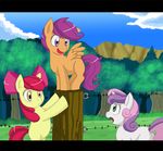  applebloom_(mlp) barbed_wire bow cub cutie_mark_crusaders_(mlp) equine female feral friendship_is_magic himanuts horn horse mammal my_little_pony pegasus pony post scootaloo_(mlp) sweetie_belle_(mlp) tree unicorn wings wood young 