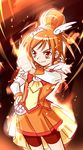  bad_id bad_pixiv_id bike_shorts choker cure_sunny eyelashes fire hair_bun hair_ornament hairpin hino_akane_(smile_precure!) magical_girl nekozawa_yukari orange_(color) orange_background orange_choker orange_eyes orange_hair orange_skirt precure red_shorts short_hair shorts shorts_under_skirt skirt smile smile_precure! solo 