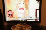  blonde_hair cake charlotte_(madoka_magica) drill_hair food highres lonely mahou_shoujo_madoka_magica ribbon school_uniform tomoe_mami twin_drills twintails yellow_eyes 